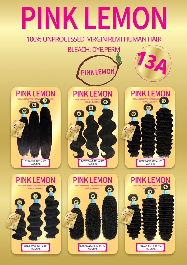PINK LEMON - 100% 15A VIRGIN HAIR BUNDLE BLEACH, DYE, PERM (LOOSE WAVE)