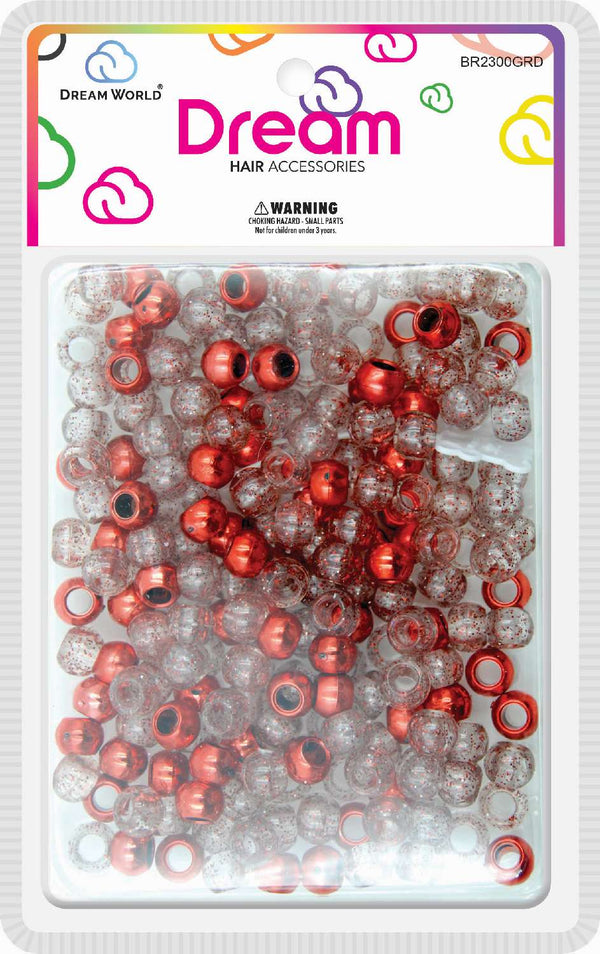 DREAM WORLD - Round Hair Bead Medium Red/Red Glitter 200 PCs (BR2300GRD)