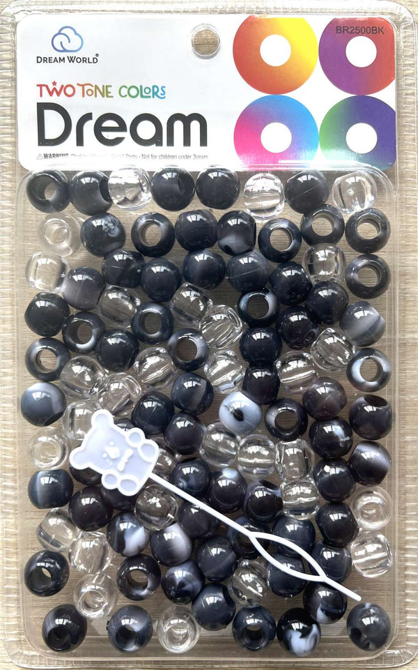 DREAM WORLD - Two Tone Colors Medium Hair Beads Clear & Black 100 PIECES (BR2500BK)