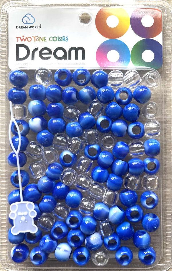 DREAM WORLD - Two Tone Colors Medium Hair Beads Clear & Blue 100 PIECES (BR2500BL)
