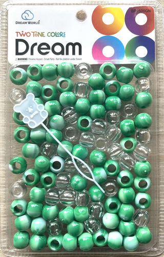 DREAM WORLD - Two Tone Colors Medium Hair Beads Clear & Green 100 PIECES (BR2500GN)