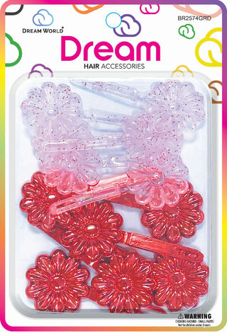 DREAM WORLD - Daisy Hair Barrettes Red Glitter 12PCS (BR2574GRD)