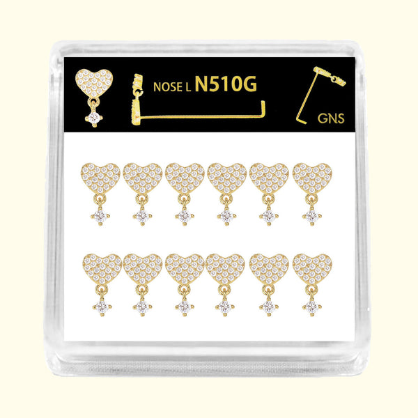 GNS - GOLD DANGLE HEART NOSE RING L-TIP 1PC (N510G)