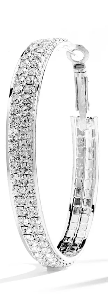 JOY JEWELRY - Silver Medium Double Rhinestone Hoop Earring SJDR3