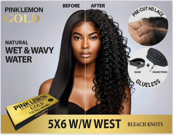 PINK LEMON - GOLD 100% UNPROCESSED VIRGIN REMI HUMAN 5X6 FULL LACE WET&WAVY WIG WEST