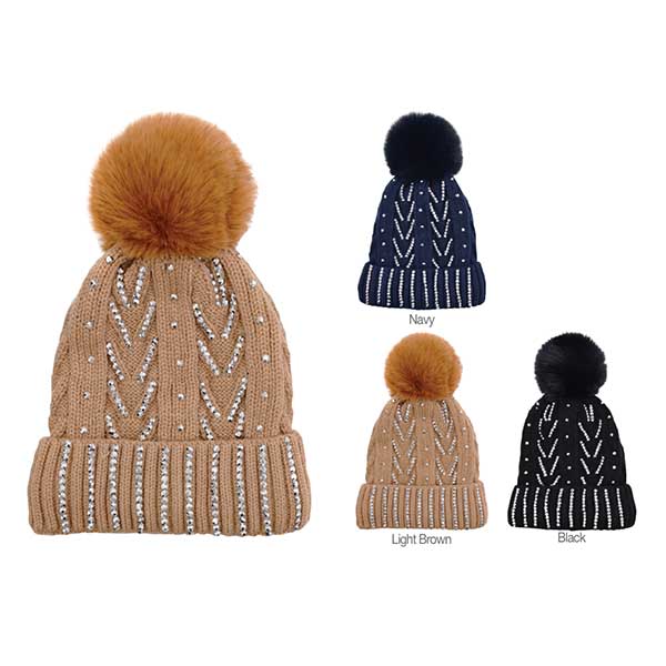 MAGIC COLLECTION - WINTER POMPOM HAT W/STONE ASSORTED #XO22-6B