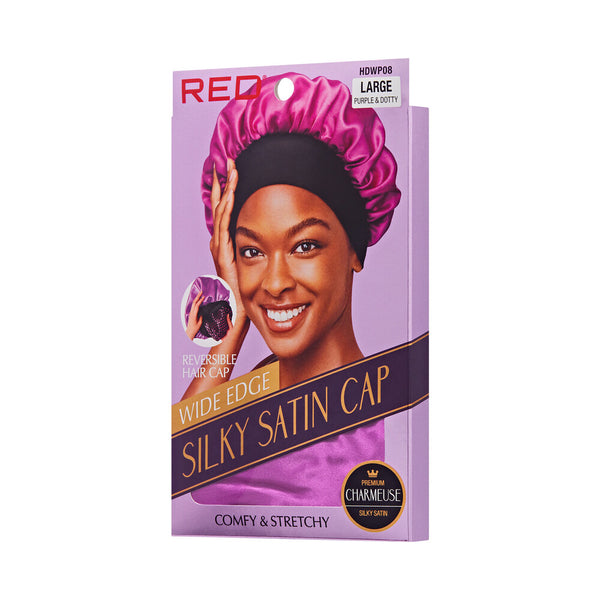 KISS - RED WIDE EDGE SILKY SATIN CAP LARGE PURPLE & DOTTY