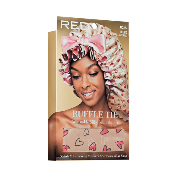 KISS - RED RUFFLE TIE BONNET BRAID HEARTS