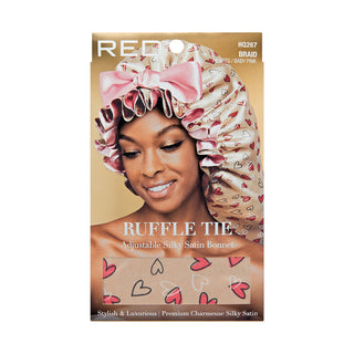 KISS - RED RUFFLE TIE BONNET BRAID HEARTS