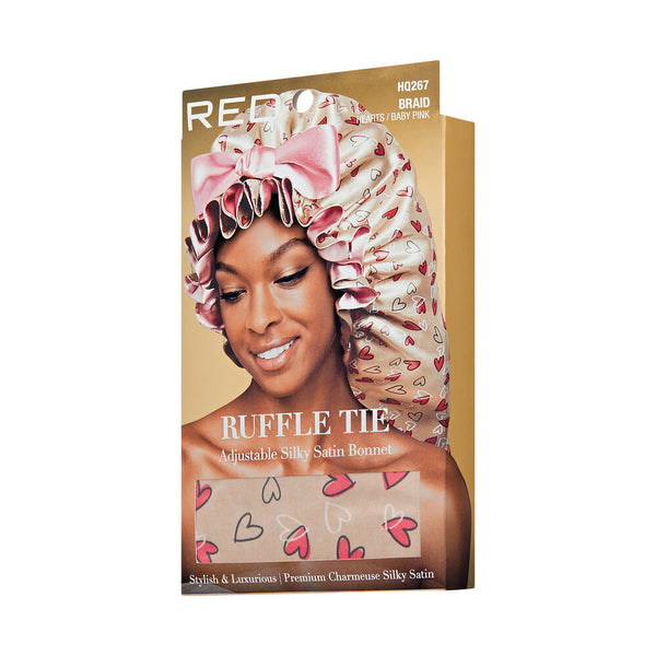 KISS - RED RUFFLE TIE BONNET BRAID HEARTS