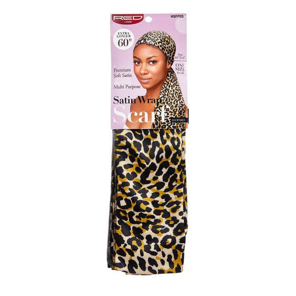 Red Silky Wrap Scarf with Compression Edge Band Leopard