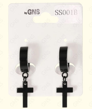GNS - Stainless Steel Hoop Cross Earrings (Black)
