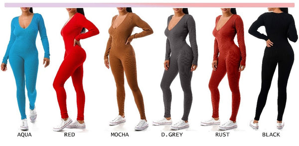 ELLIE & KATE - Seamless Rib Long Sleeve Jumpsuit With Long Neck